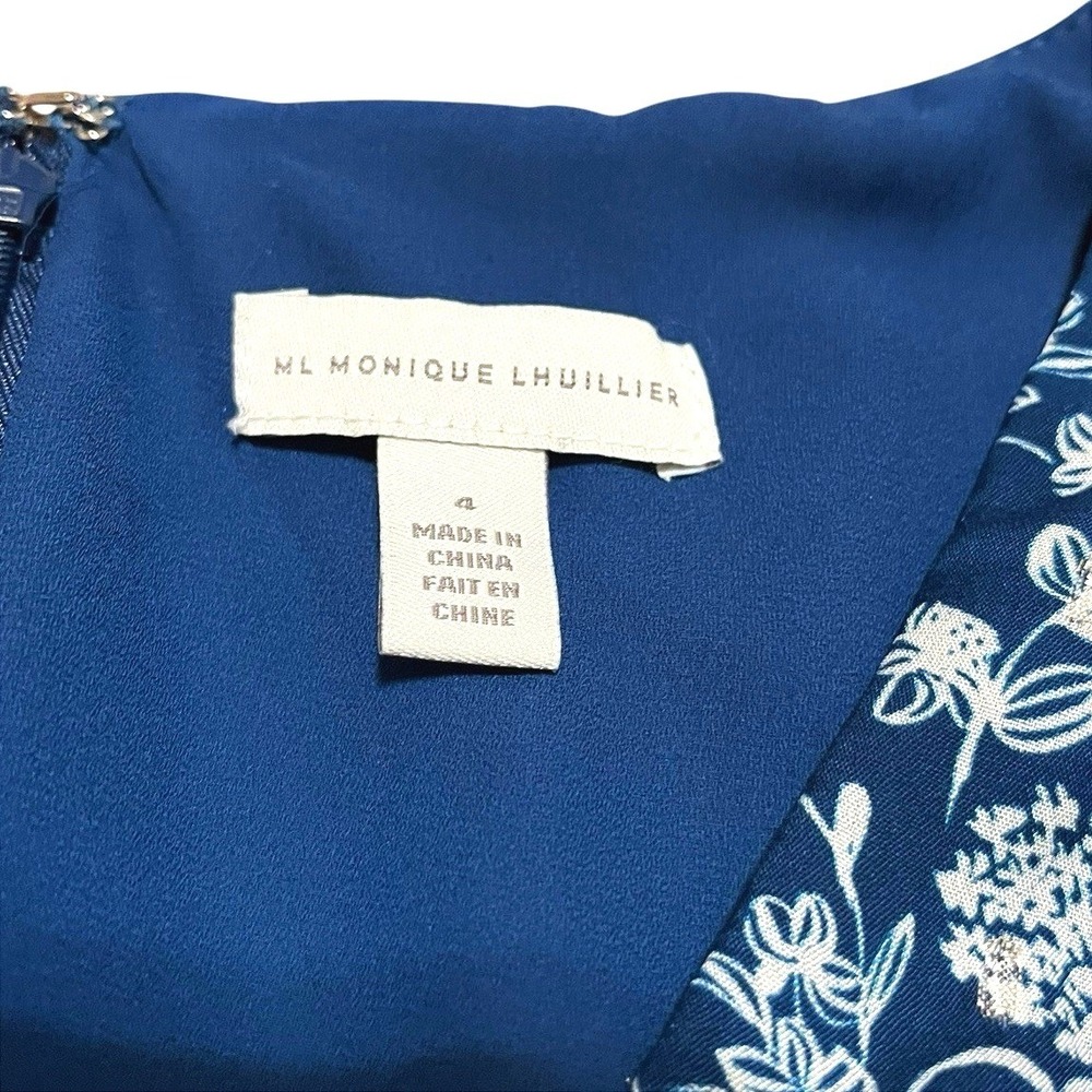 ML Monique Lhuillier Blue Floral Smocked Waist Flutter Sleeve Mini Dress 4 - Picture 5 of 7
